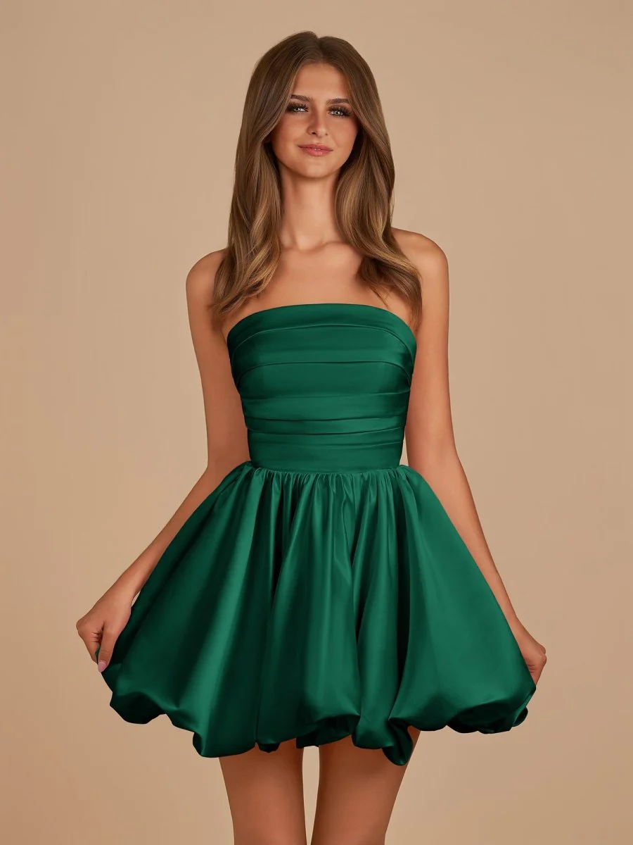 Jani | Dark Green - A Line Strapless Satin Bubble Hem Short Homecoming Dresses