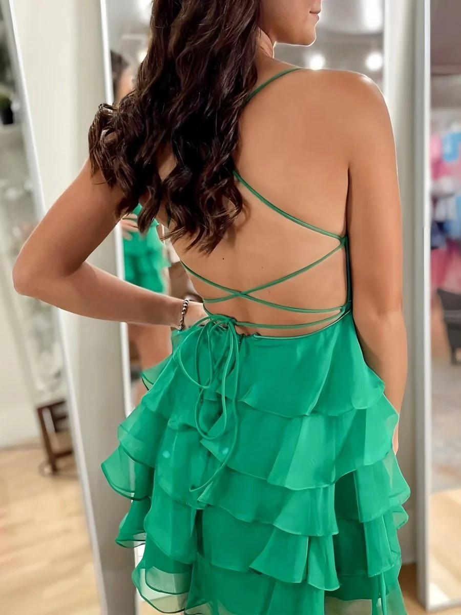 Ivalisse | Green - Spaghetti Straps A Line Chiffon Ruffles Homecoming Dresses With Appliques