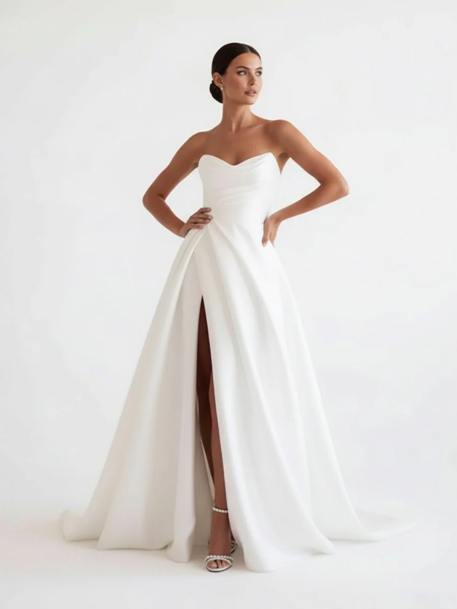 Janalee | A-Line White Sleeveless Satin Wedding Dress With Side Slit