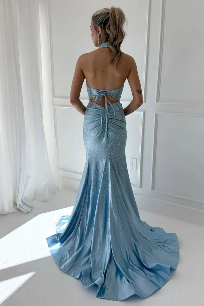 Harlin | Sky Blue - Halter Mermaid Satin Beaded Long Formal Prom Dresses With Slit