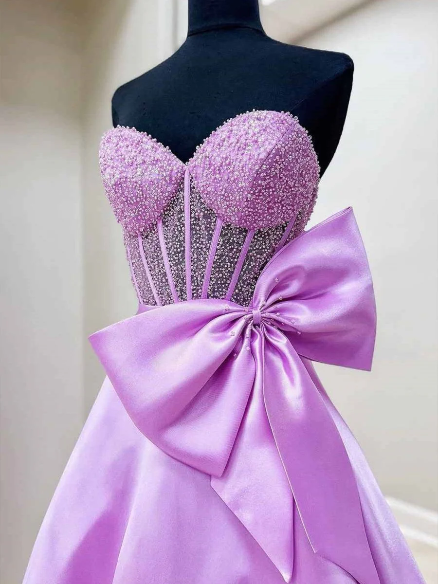 Hindreen | A-Line Sweetheart Lilac Beaded  Long Prom Dresses With Bow