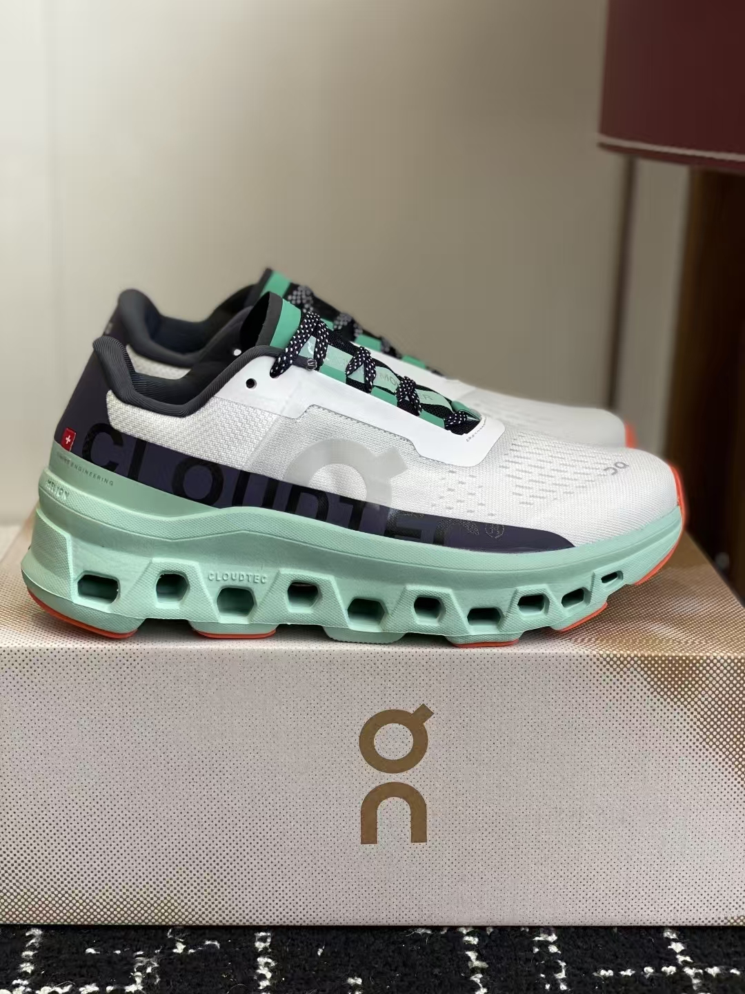 On Cloudmonster White Navy Running Shoes, Slip-Resistant, Breathable Mesh, Cloud-Like Comfort