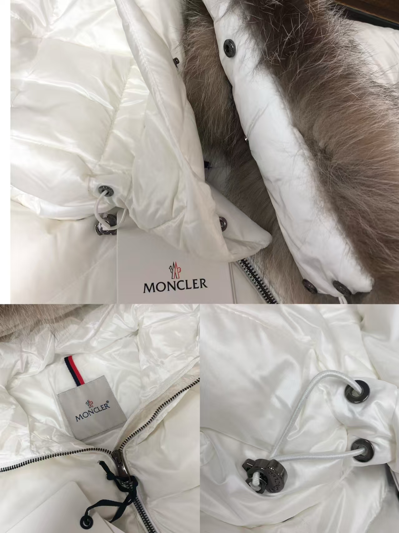 Moncler Boed P520 Women's White Cropped Belted Down Jacket with Fox Fur Collar