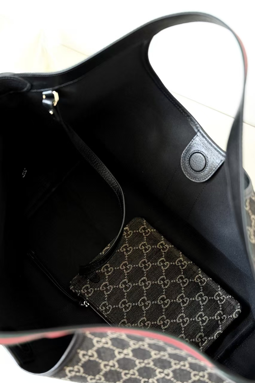 Gucci Giglio Large Tote Bag | GG Denim with Detachable Clutch & Web Trim