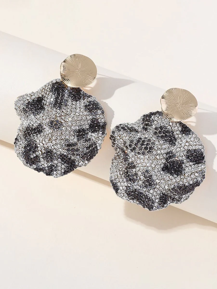 Gray Leopard Print Rhinestones Round Earrings