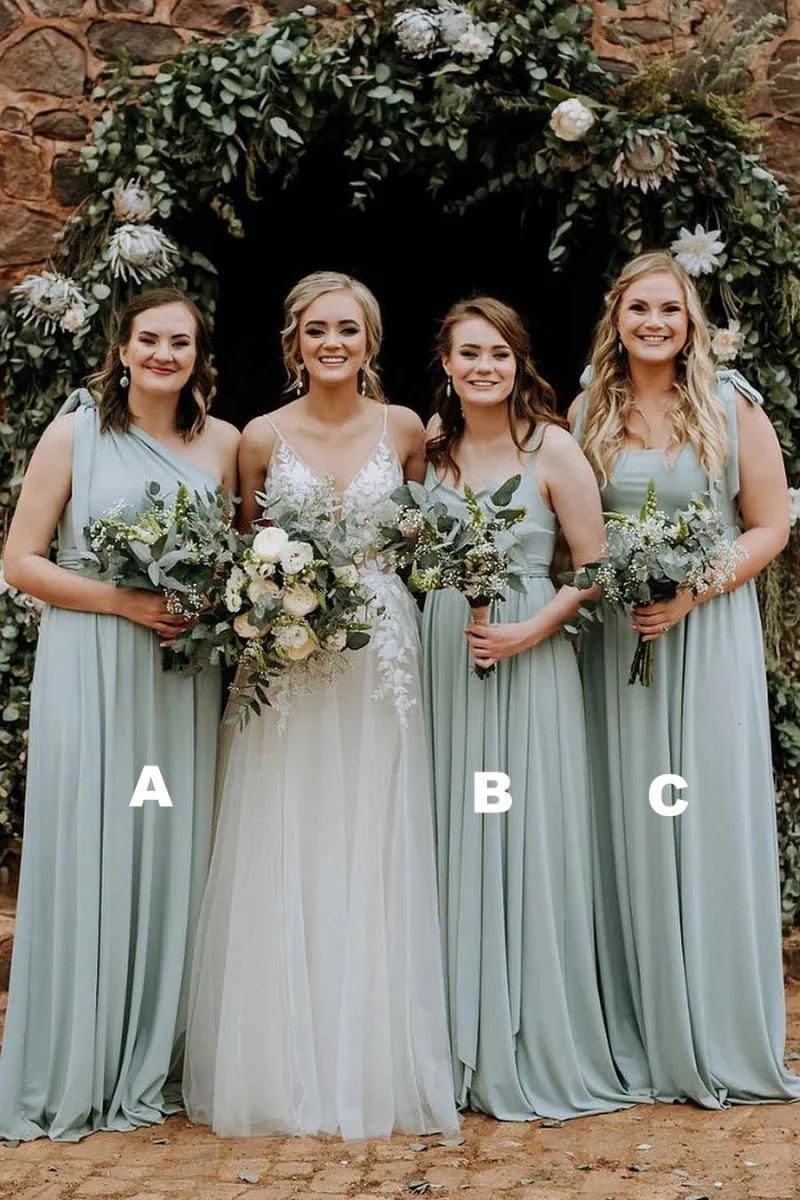 Grey Green Chiffon Spaghetti Straps A-Line Long Bridesmaid Dress