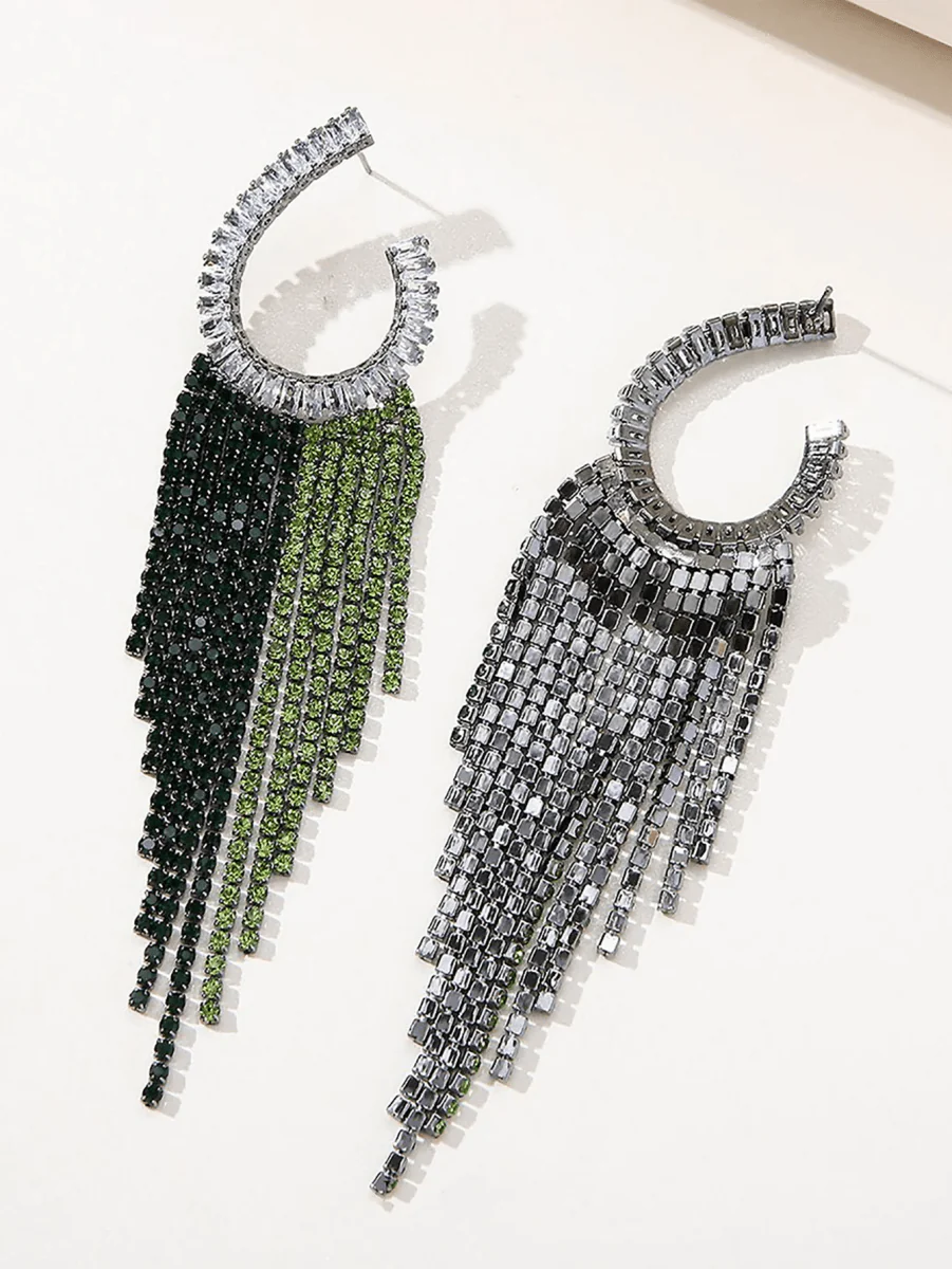 Green Statement Rhinestones Tassel Long Earrings