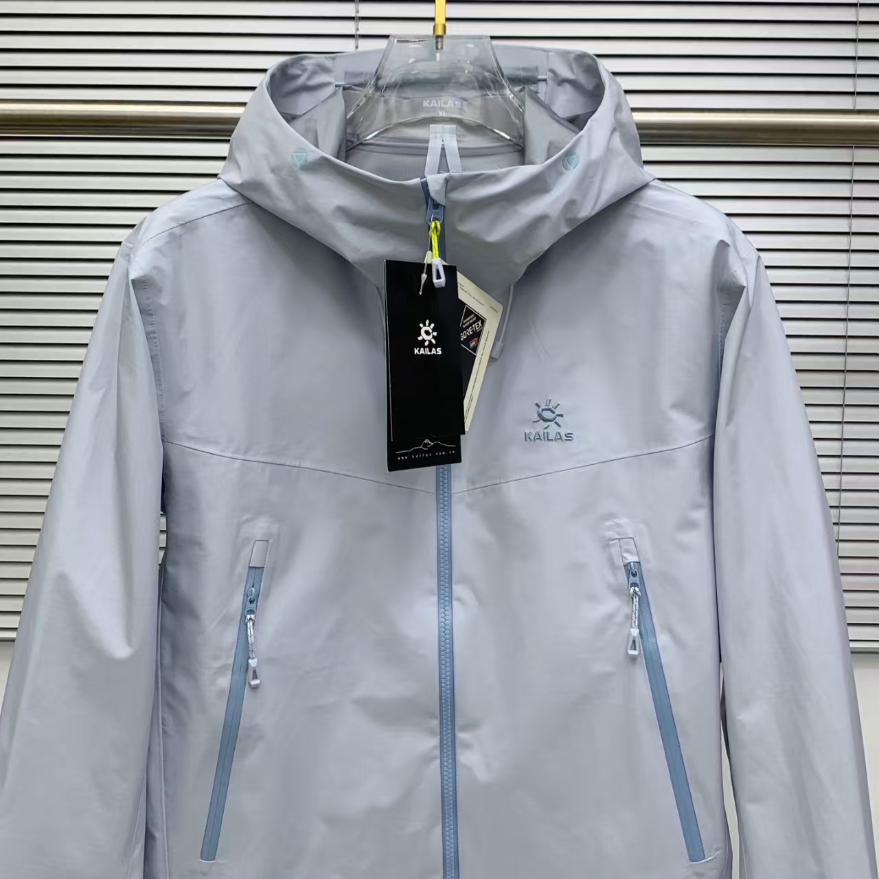 KAILAS Light Blue Hooded Hardshell Jacket – Lightweight, Windproof & Waterproof with Embroidery