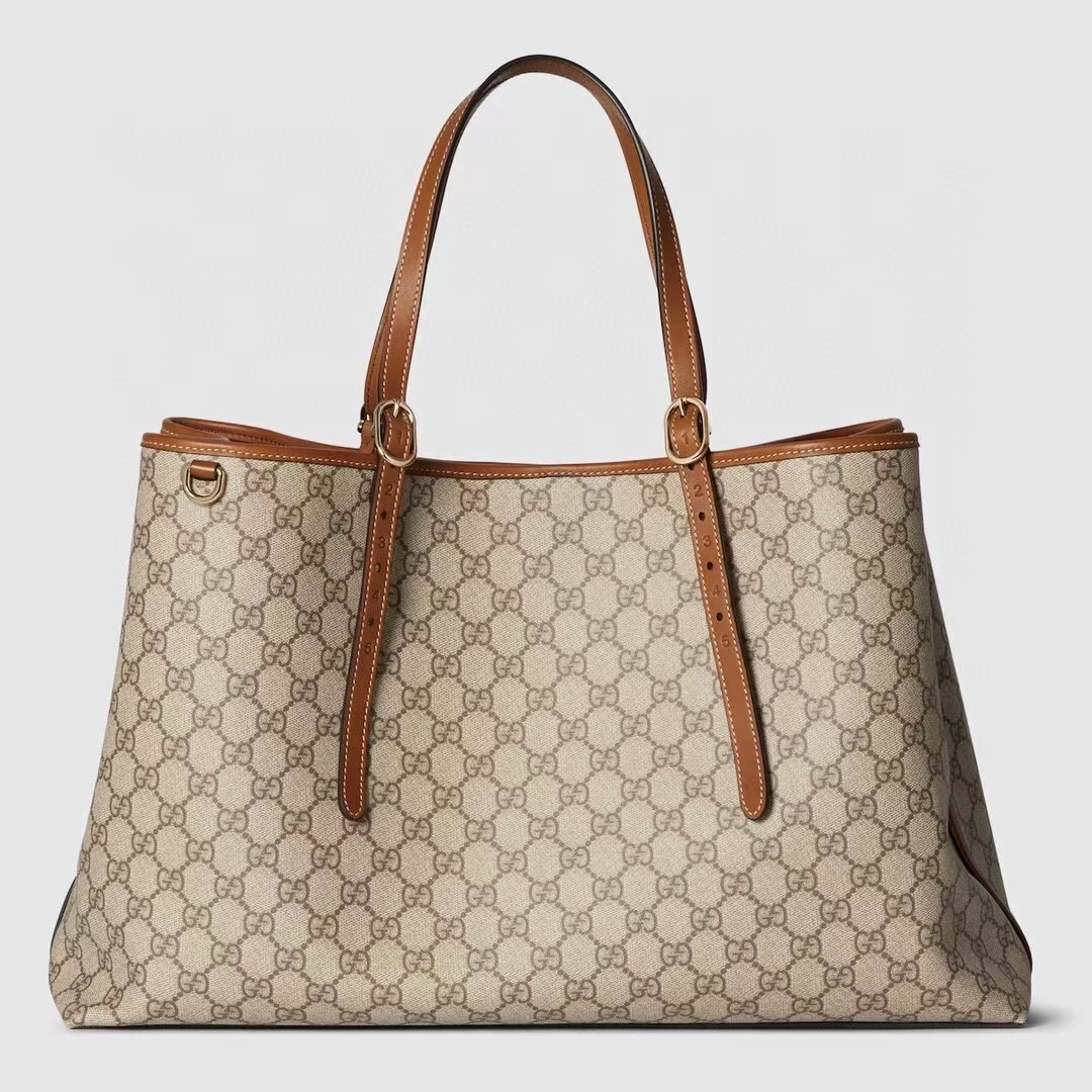 Gucci GG Emblem Large Tote Bag in Beige & Dark Brown | Monogram Coated Fabric with Adjustable Handle