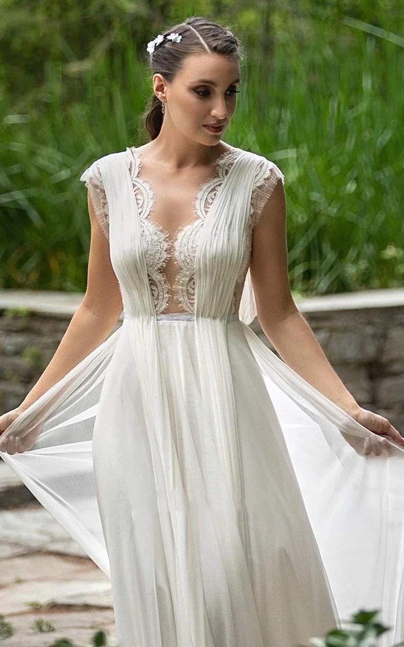 Greek A-Line Plunging Neckline Chiffon Lace Wedding Dress With Open Back And Pleats