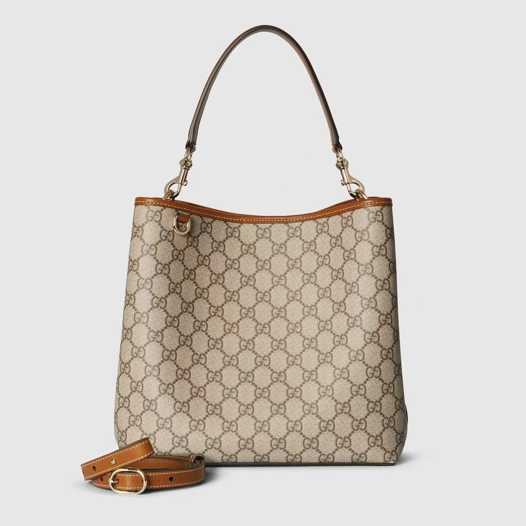 Gucci GG Emblem Medium Bucket Bag | Beige & Dark Brown Monogram Coated Fabric
