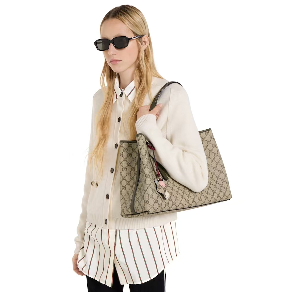 Gucci GG Emblem Large Tote Bag | Beige & Brown GG Monogram with Adjustable Handle