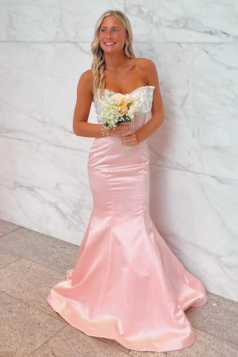 Gwenny | Pink - Mermaid Satin Strapless Long Prom Dresses with Beaded Bow