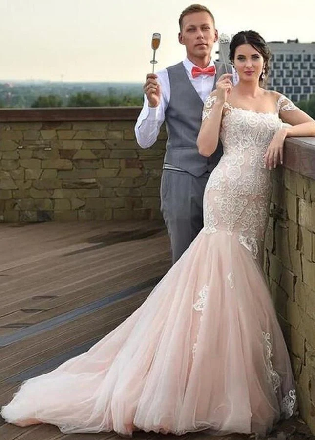 Gorgeous Mermaid Appliqued Lace Tulle Bridal Gowns With Lace-up Back