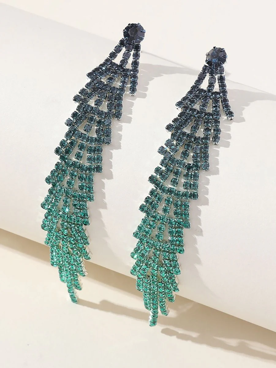 Green Gradient Rhinestones Tassel Long Chain Earrings