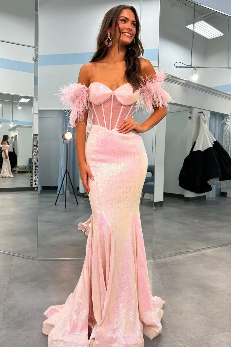 Gwenda | Black Sequin Feather Sheer Bodice Trumpet Long Gown