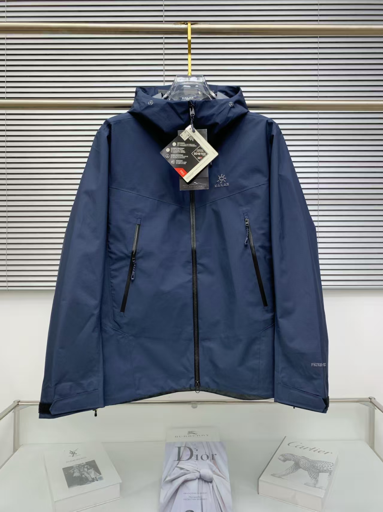 KAILAS Navy Blue Hooded Hardshell Jacket – Lightweight, Windproof & Waterproof with Embroidery