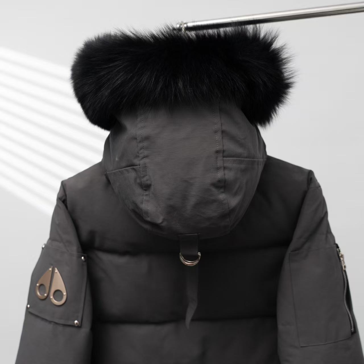 Moose Knuckles Charcoal Grey Hooded Down Jacket with Fur Trim – Iconic Luxury Parka