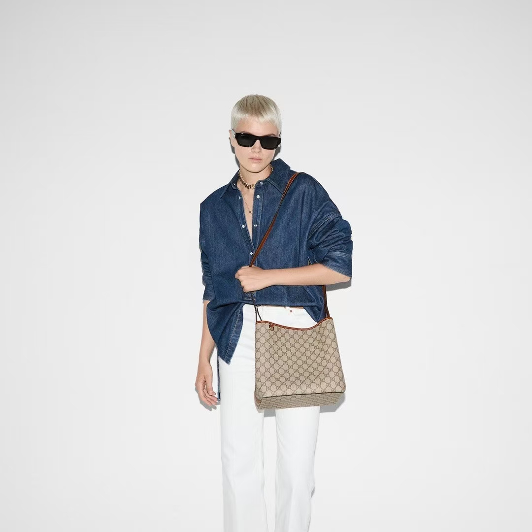 Gucci GG Emblem Medium Bucket Bag | Beige & Dark Brown Monogram Coated Fabric