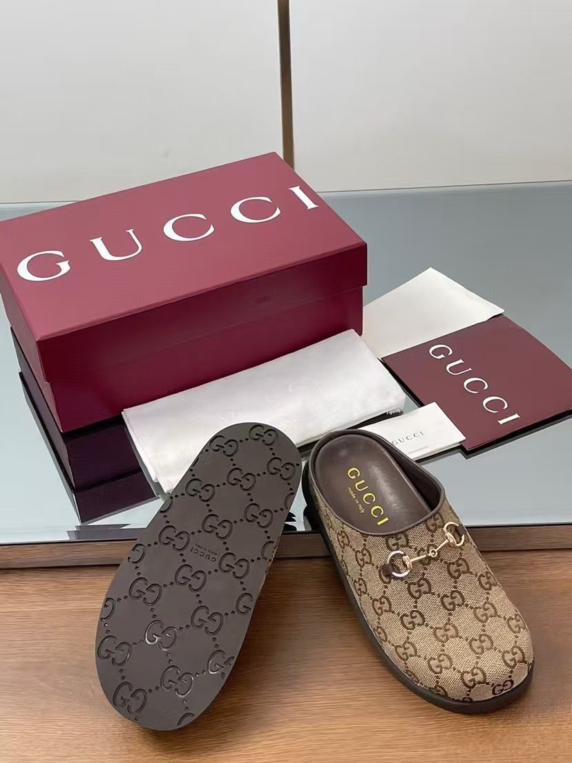 Gucci Women's Mules with Horsebit | GG Canvas in Camel & Dark Brown