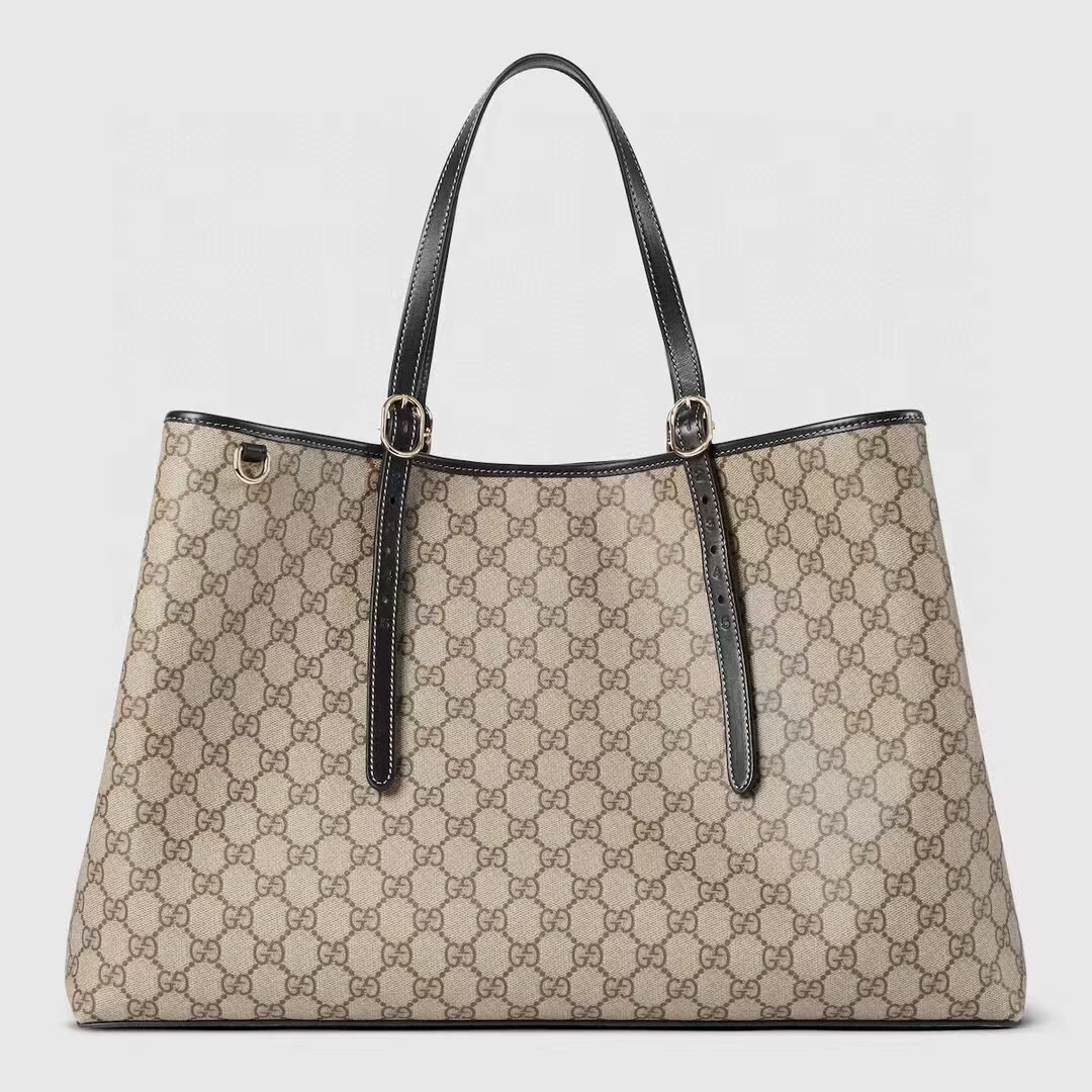 Gucci GG Emblem Large Tote Bag | Beige & Dark Brown Monogram Fabric with Adjustable Handle