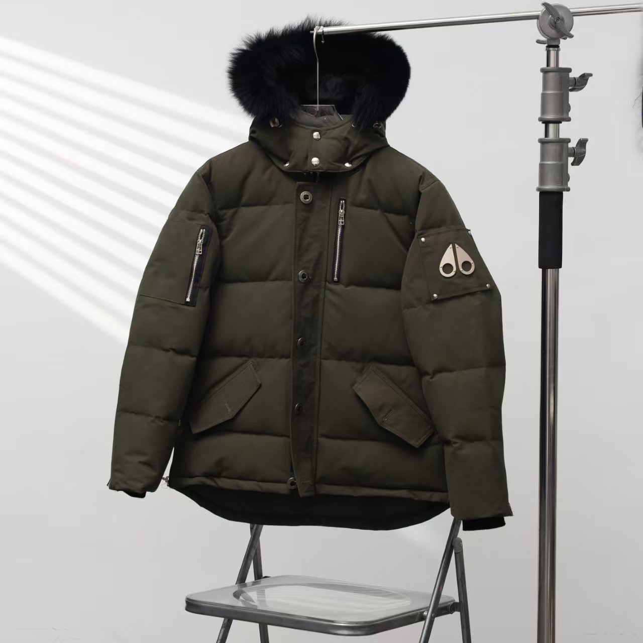 Moose Knuckles Military Green Parka – Hooded with Signature Fur Trim