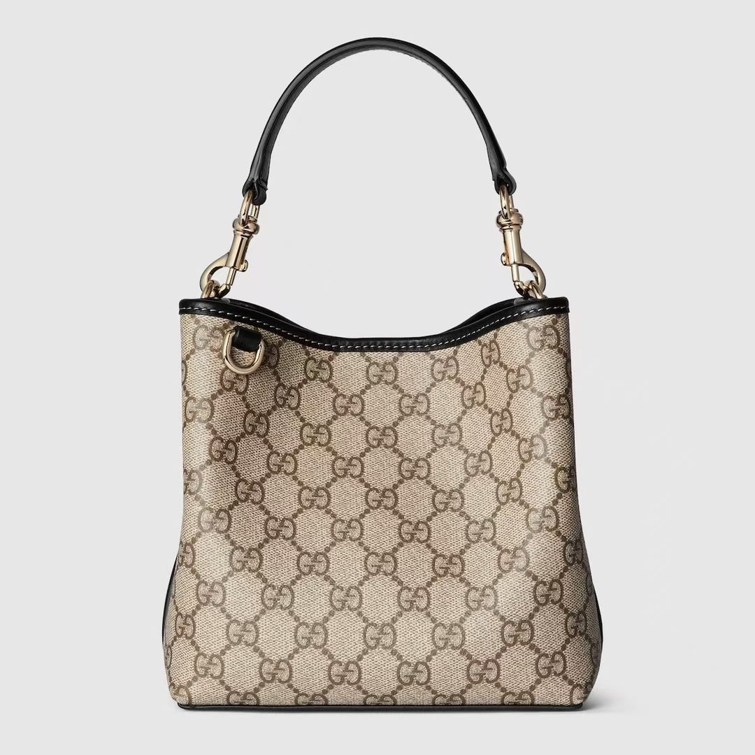 Gucci GG Emblem Small Bucket Bag | Beige & Dark Brown GG Monogram Coated Fabric