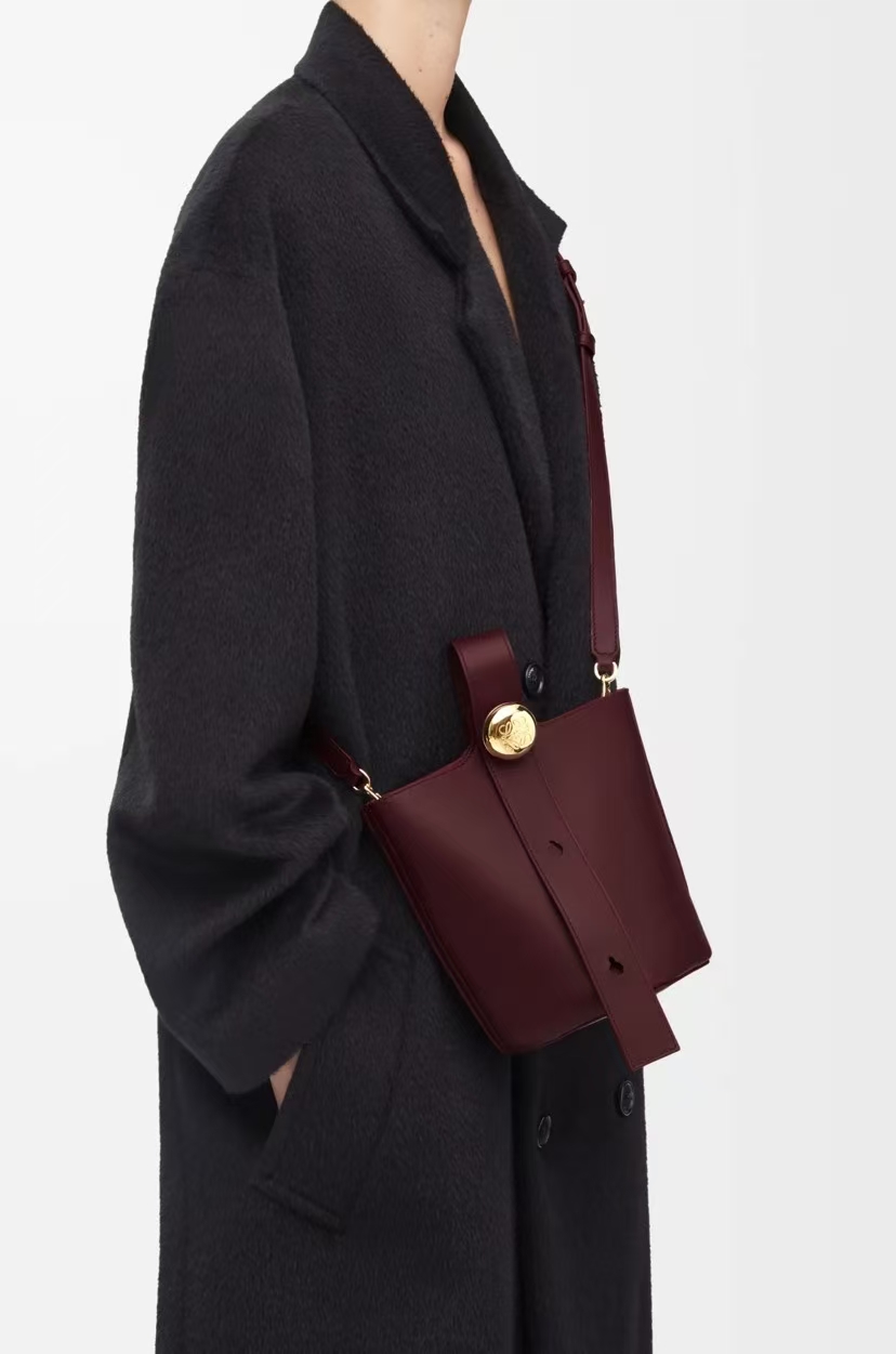 LOEWE Mini Pebble Bucket Bag in Deep Wine Smooth Calfskin