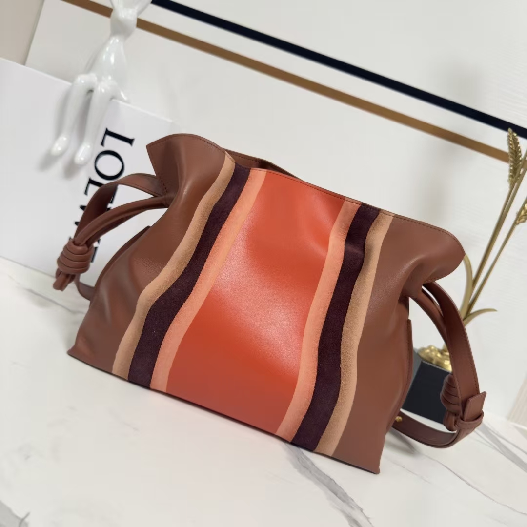 LOEWE Medium Flamenco Landscape Clutch in Walnut & Parrot Pink Napa Calfskin