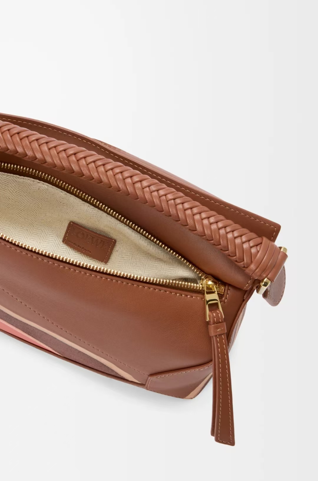 LOEWE Small Puzzle Edge Landscape Bag in Walnut & Parrot Pink Napa Calfskin