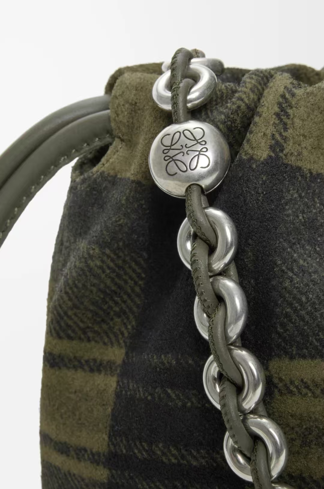 LOEWE Medium Flamenco Bag in Khaki/Green Checkered Suede