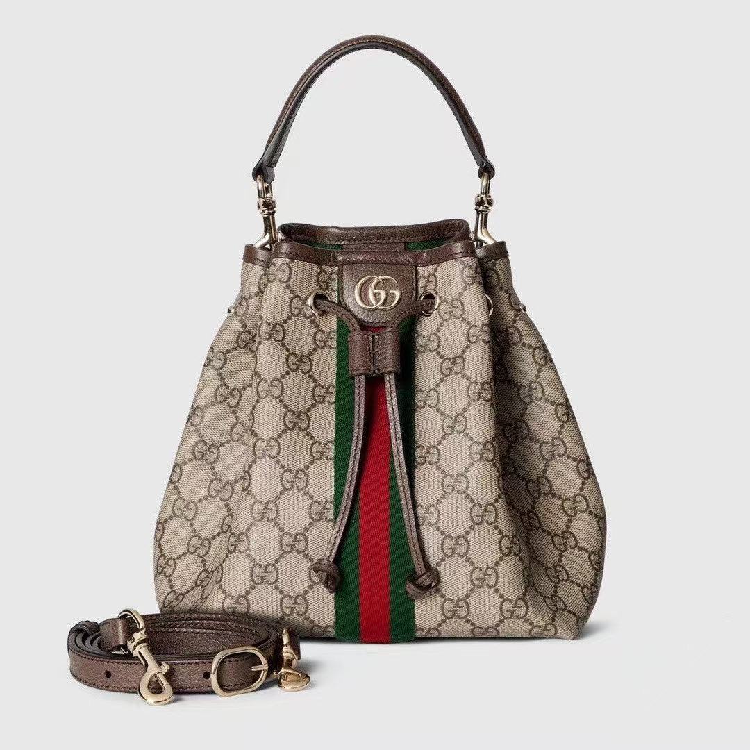 Gucci Ophidia Small Bucket Bag | Beige & Dark Brown GG Monogram Coated Fabric
