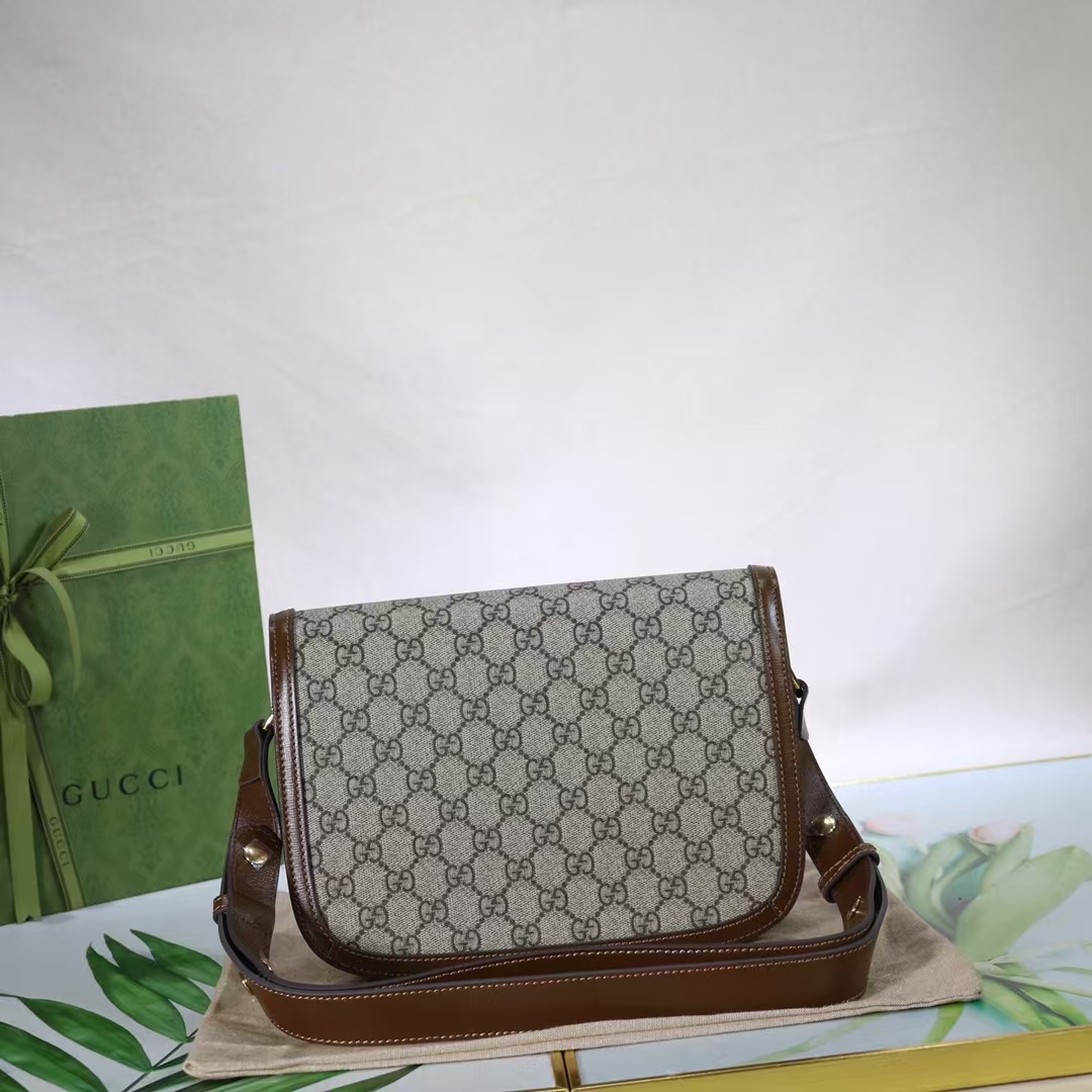 Gucci Horsebit 1955 Medium Shoulder Bag | Beige/Ebony GG Supreme with Brown Leather Trim