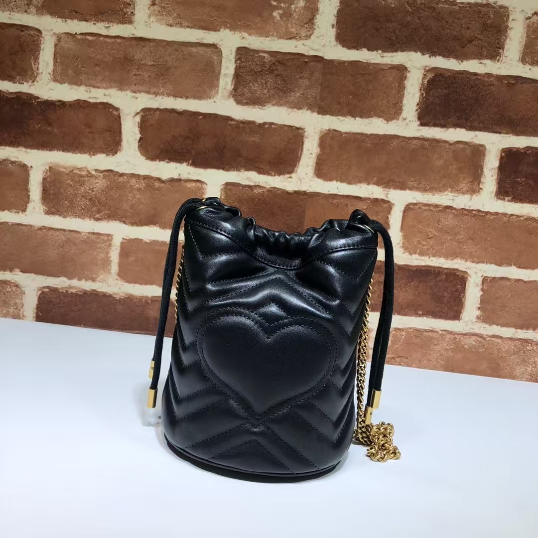 Gucci GG Marmont Small Bucket Bag in Black | Chevron-Quilted Leather with Chain Strap