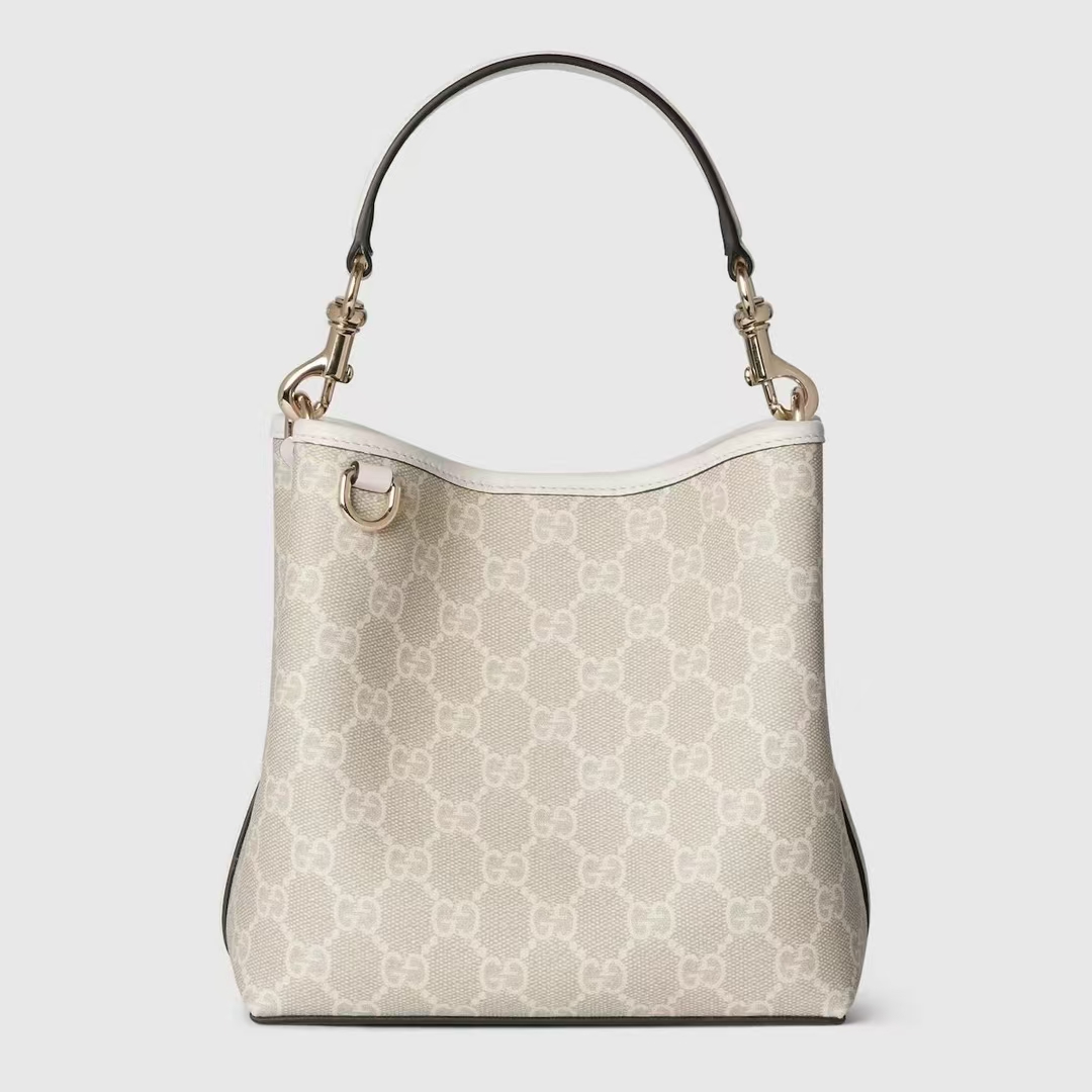 Gucci GG Emblem Small Bucket Bag | Beige & White GG Monogram Coated Fabric