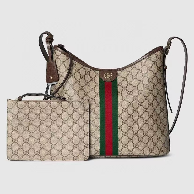 Gucci Ophidia Large Shoulder Bag in Beige/Dark Brown GG Coated Canvas