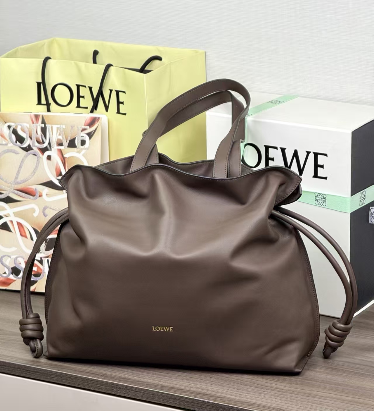 LOEWE Large Flamenco Clutch - Chocolate, Drawstring & Herringbone Lining