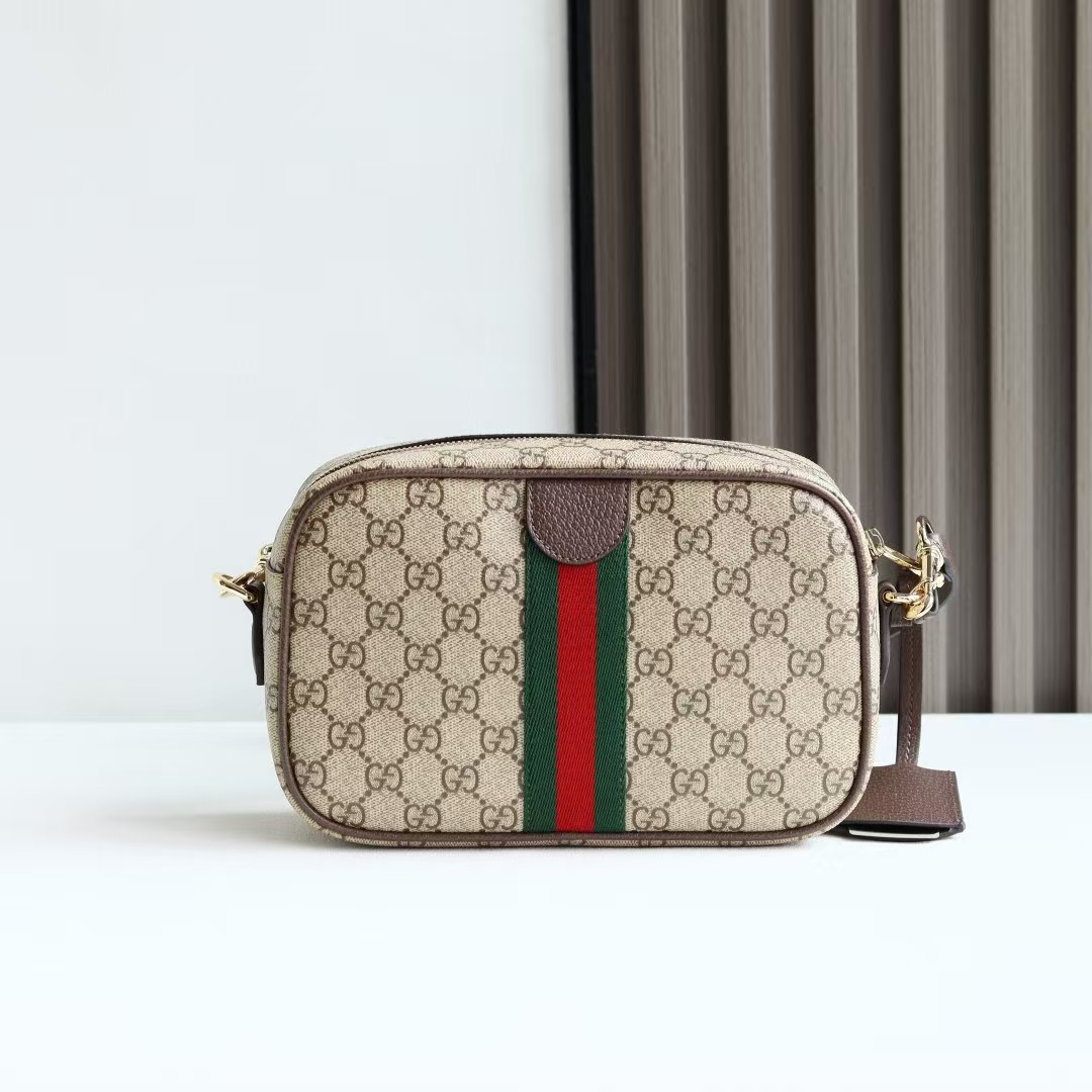 Gucci Ophidia Small Camera Bag | Beige & Dark Brown GG Monogram Coated Fabric
