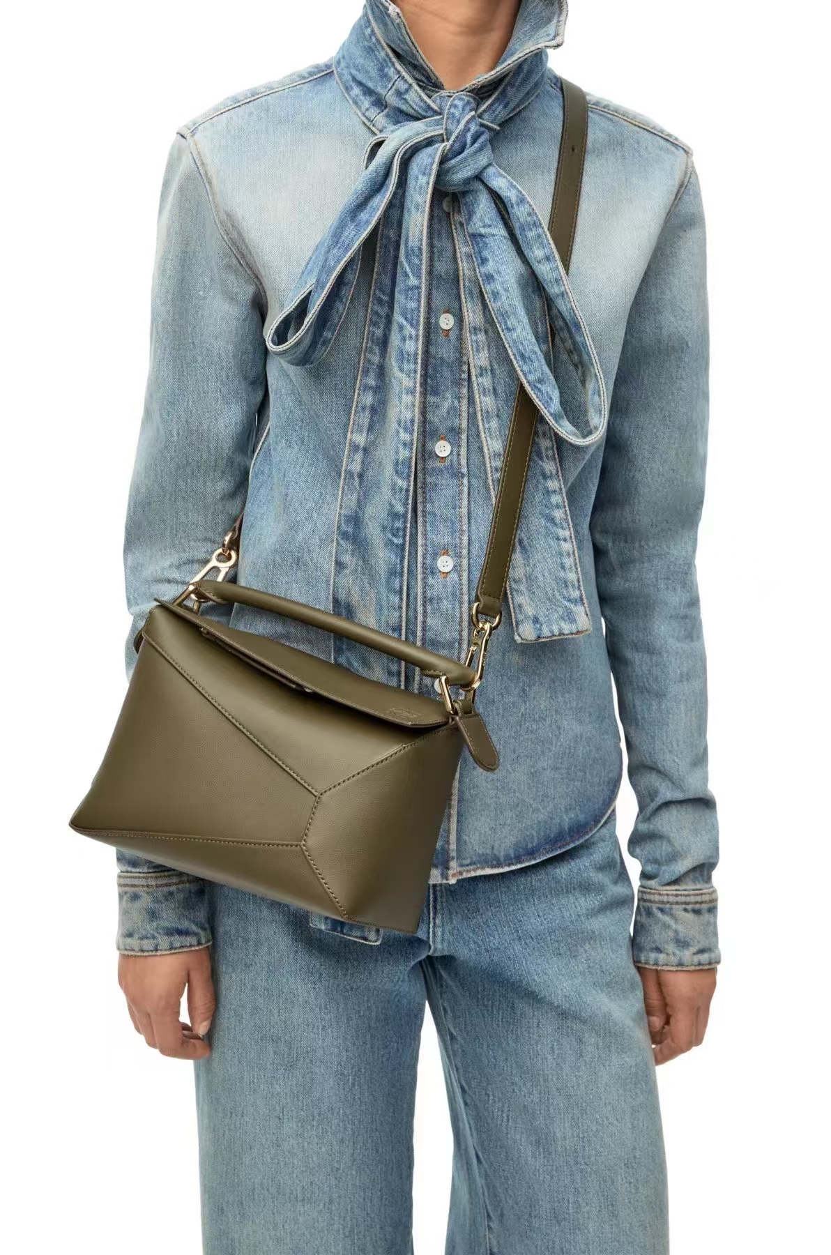 LOEWE Small Puzzle Edge Bag in Deep Khaki Green Classic Calfskin