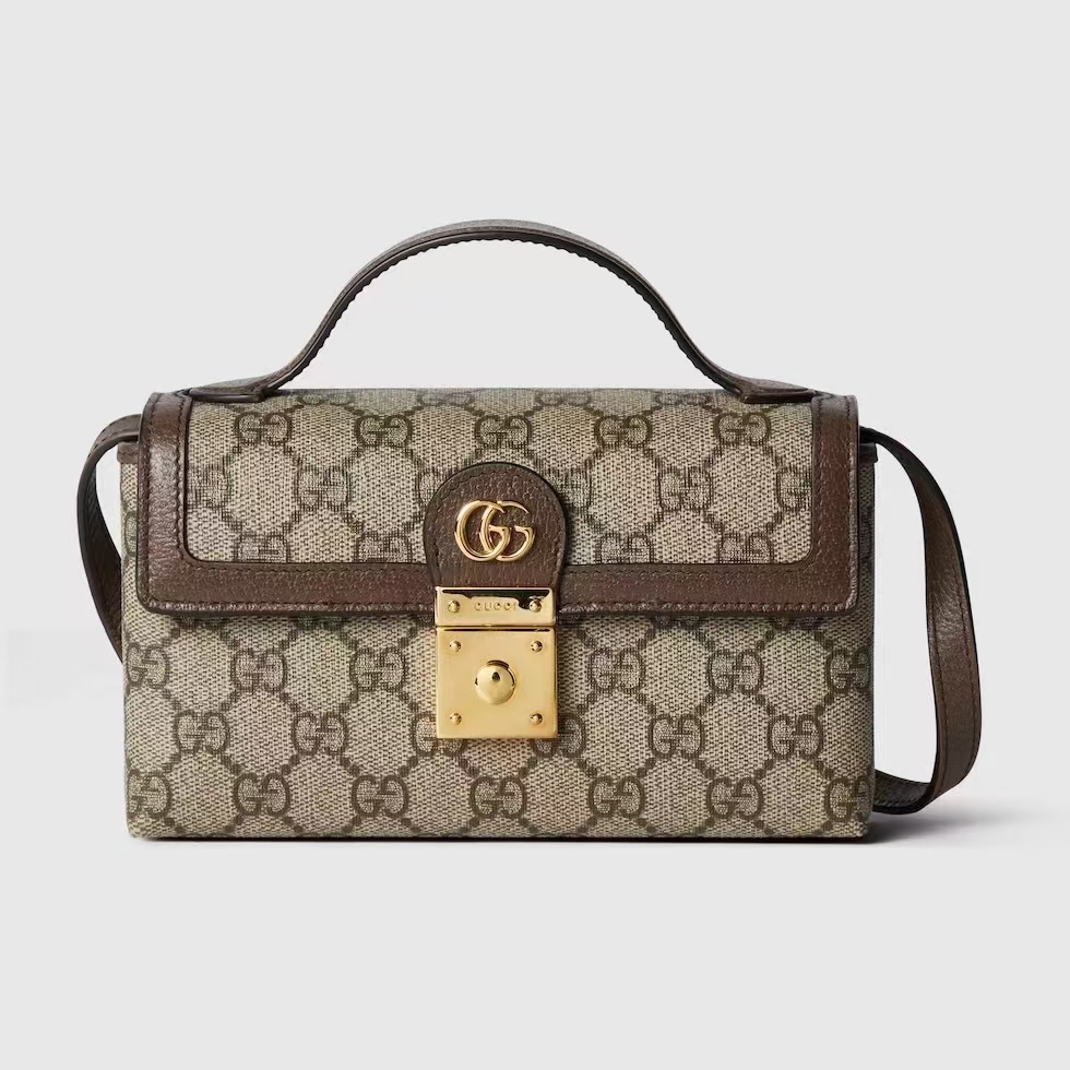 Gucci Ophidia Mini Top Handle Bag | Beige & Ebony GG Supreme Canvas with Lock Closure