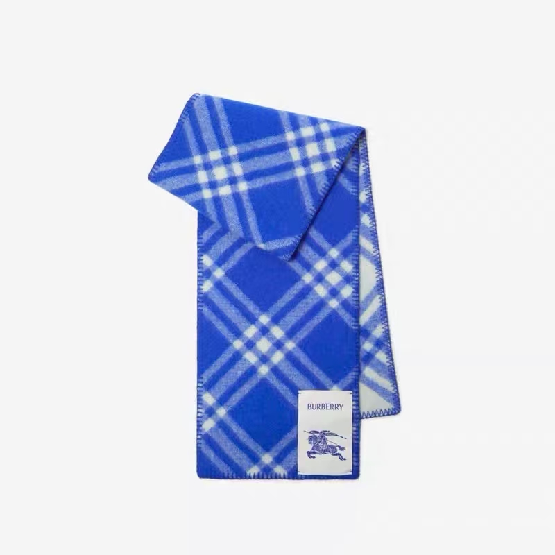 BURBERRY Blue Iconic Check Cashmere Wool Scarf
