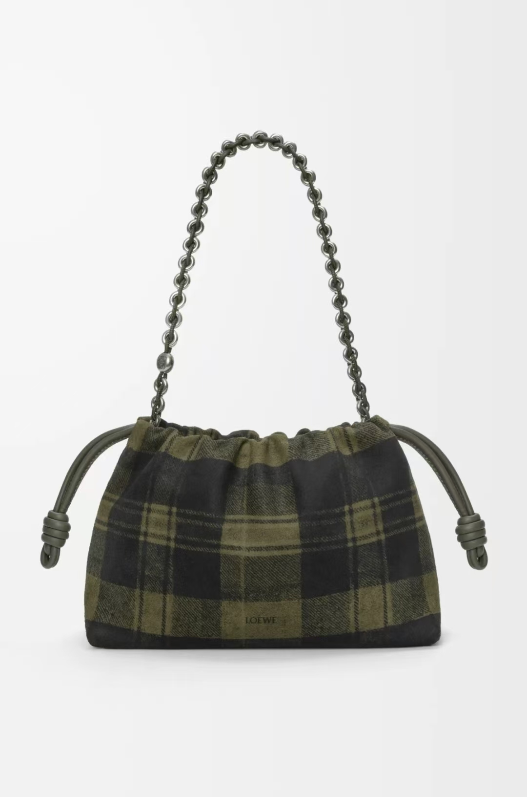 LOEWE Medium Flamenco Bag in Khaki/Green Checkered Suede