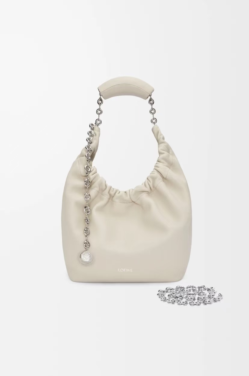 LOEWE Small Squeeze Bag, Sea Salt White with Adjustable Chain Strap