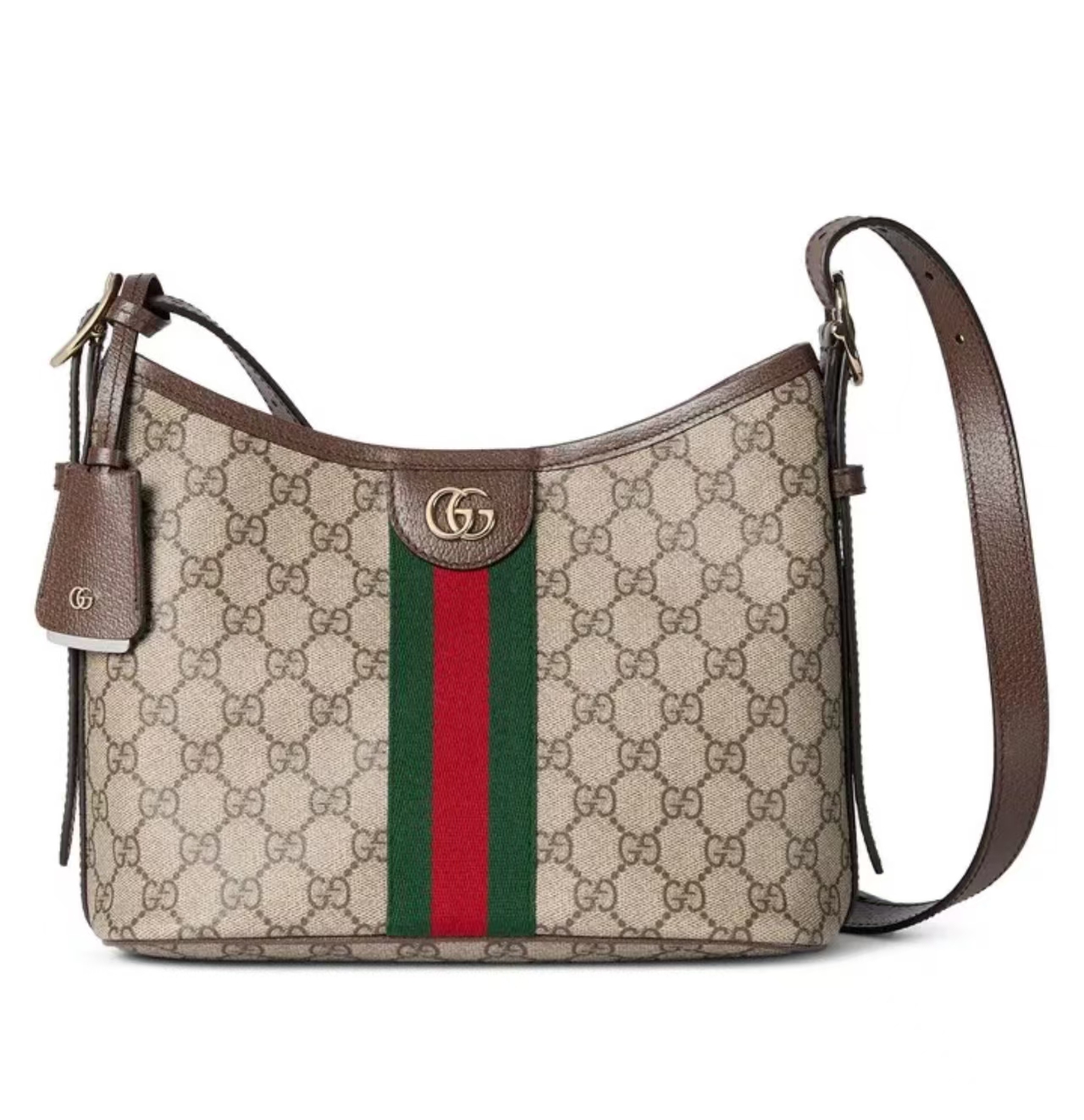 Gucci Ophidia Small Shoulder Bag in Beige/Brown GG Canvas with Leather Trim & Web Strap