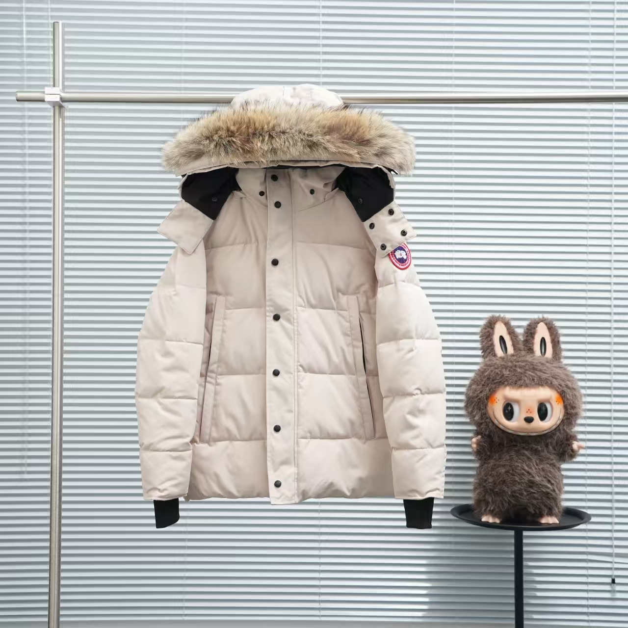 Canada Goose White Down Jacket with Coyote Fur Trim – Hooded Expedition Coat