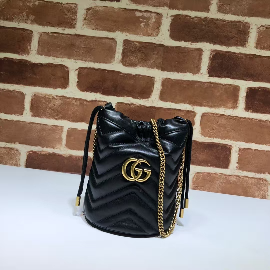 Gucci GG Marmont Small Bucket Bag in Black | Chevron-Quilted Leather with Chain Strap