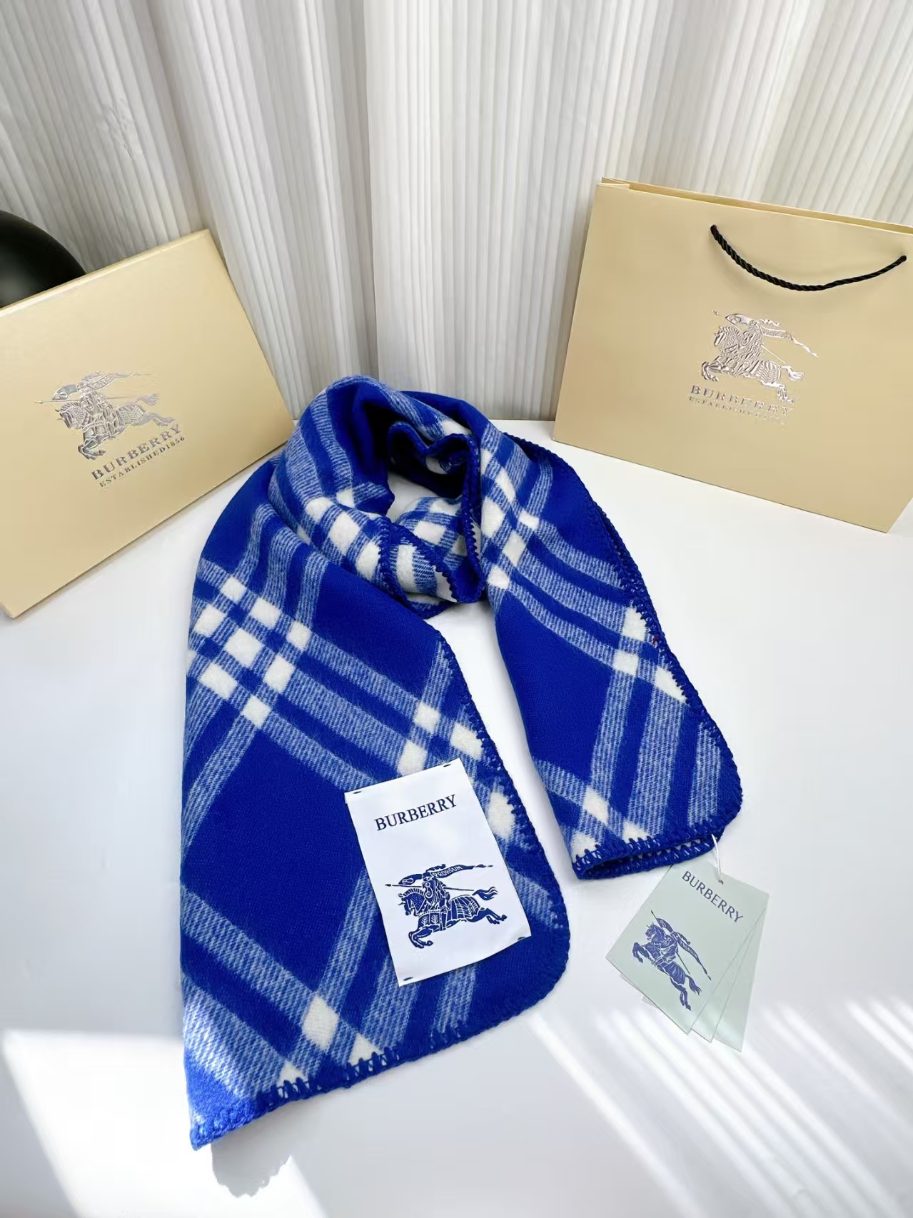 BURBERRY Blue Iconic Check Cashmere Wool Scarf