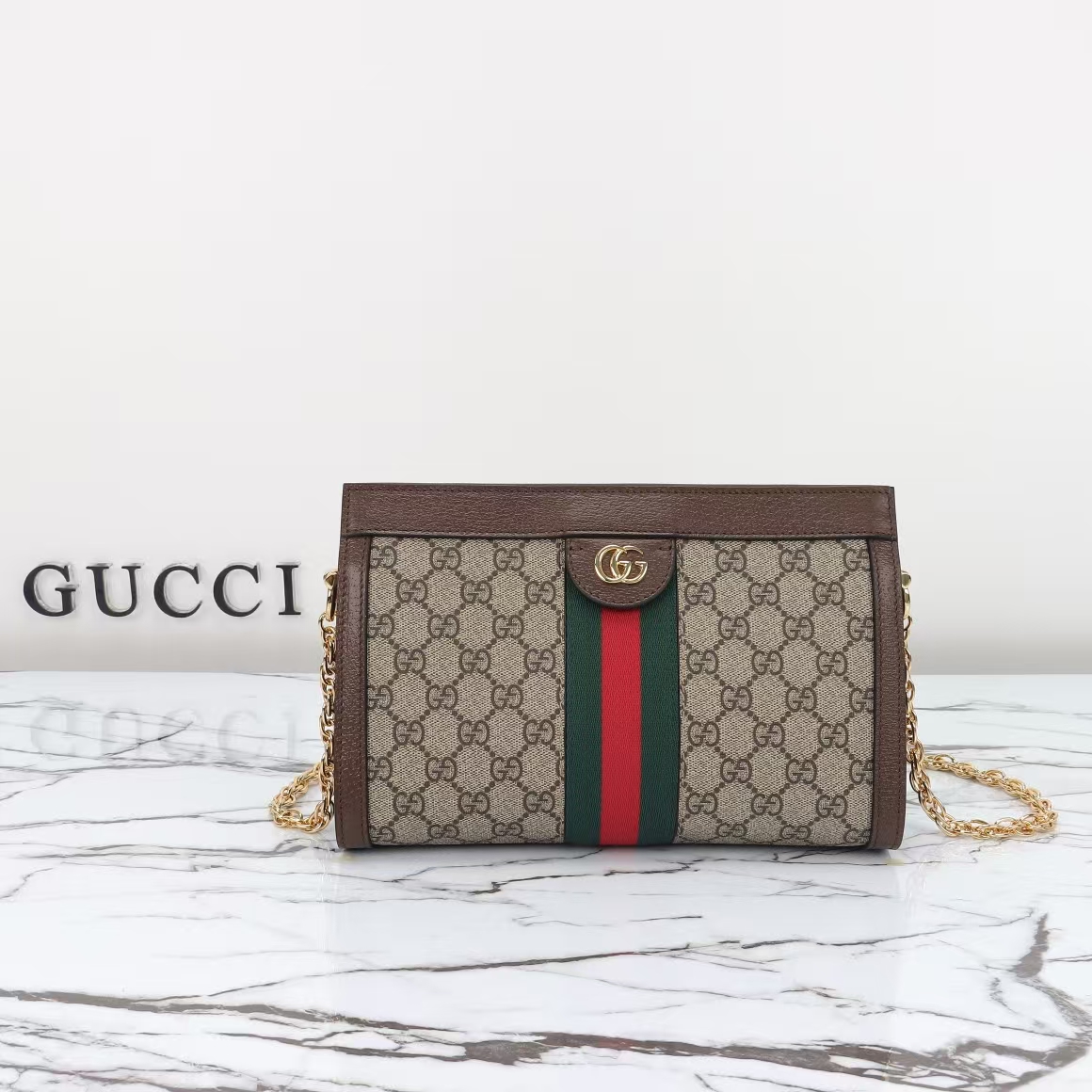 Gucci Ophidia Medium Shoulder Bag | Beige & Dark Brown GG Canvas with Chain Strap