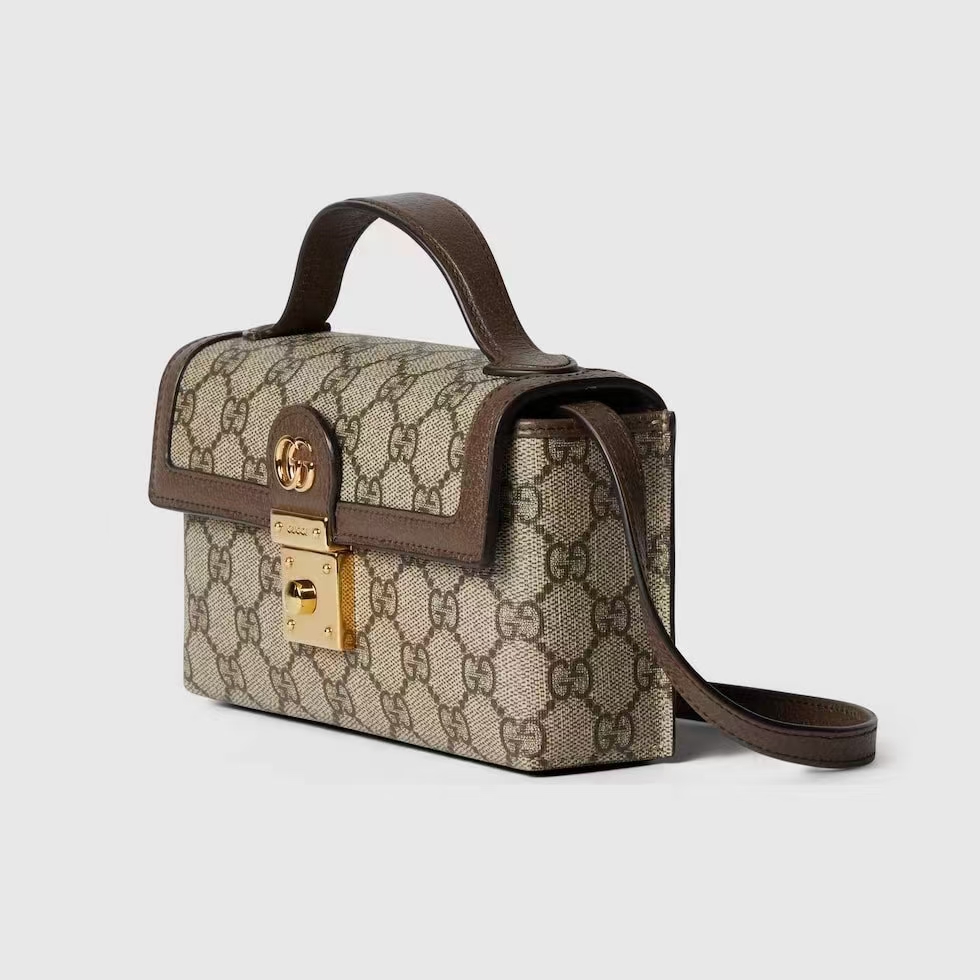 Gucci Ophidia Mini Top Handle Bag | Beige & Ebony GG Supreme Canvas with Lock Closure