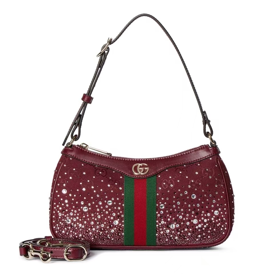 Gucci Ophidia Small Shoulder Bag | Crystal-Embellished GG Canvas in Gucci Ancora Red